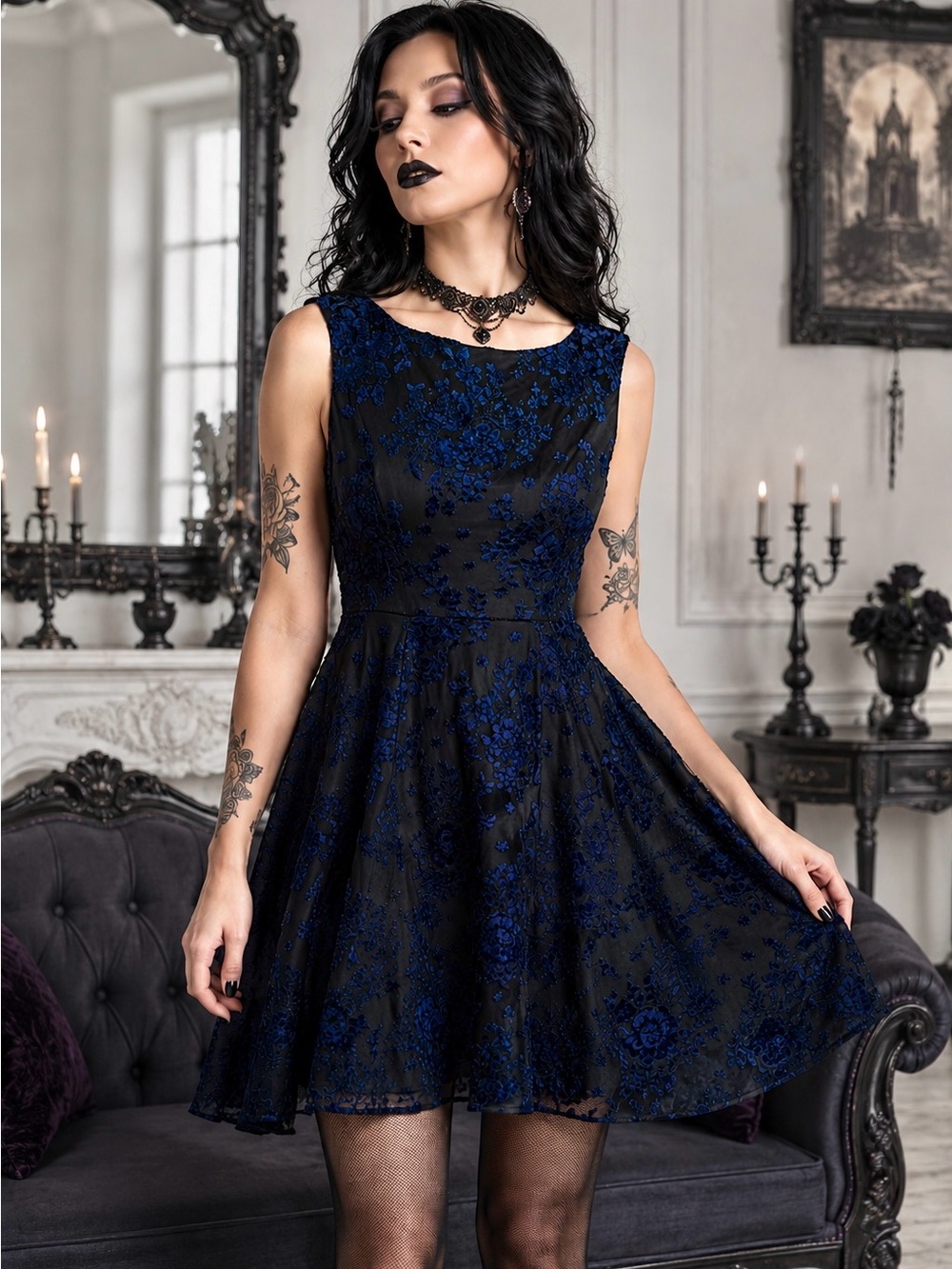 Betsey Johnson Romantic Goth Velvet Burnout Skater Dress in Black and Blue